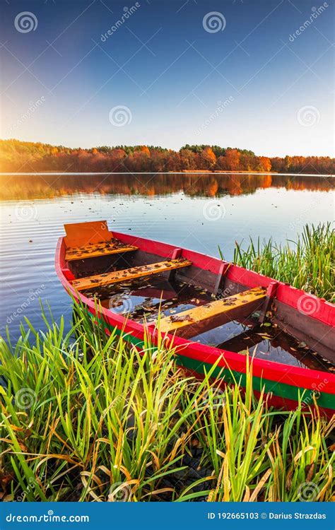 Fall Season Boat Forest And Lake Stock Image Image Of Scene Fall