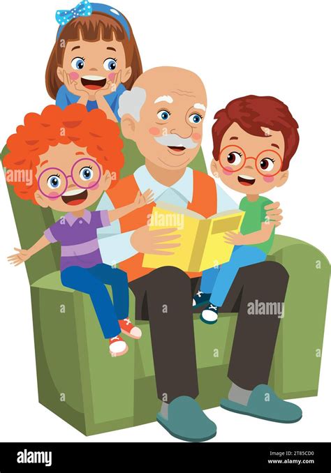 Grandpa Reading To Cute Kids Stock Vector Image And Art Alamy