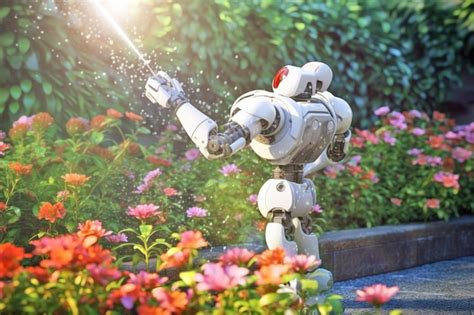 Premium AI Image Robot Watering Flowers In The Garden Generative AI