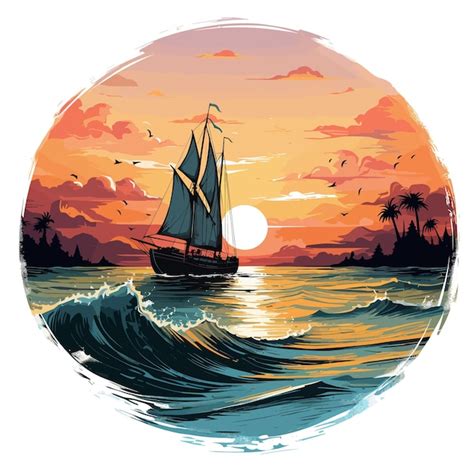 Barco a vela no mar ao pôr do sol Ilustração vetorial em estilo retro