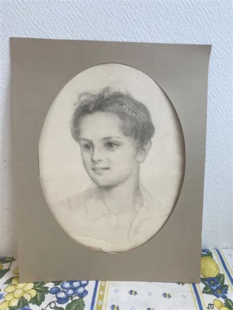 Ancien Dessin Portrait Au Crayon Fusain Double Dessin Recto Verso