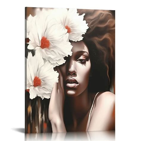 Homicozi African Woman Canvas Wall Art Abstract Black Girl Picture Woman With Flowers On Head