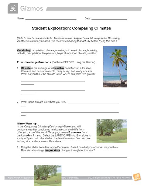 Gizmos Comparing Climates - Name: Date: Student Exploration: Comparing
