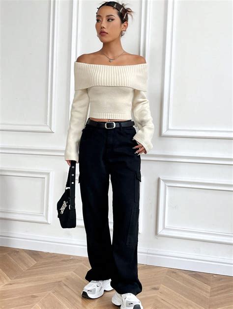 Shein Ezwear Foldover Off Shoulder Trumpet Sleeve Crop Sweater Shein Uk