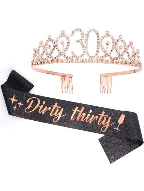 2Pcs Set Dirty Thirty Sash Rhinestone Tiara Set Rose Gold Black Or