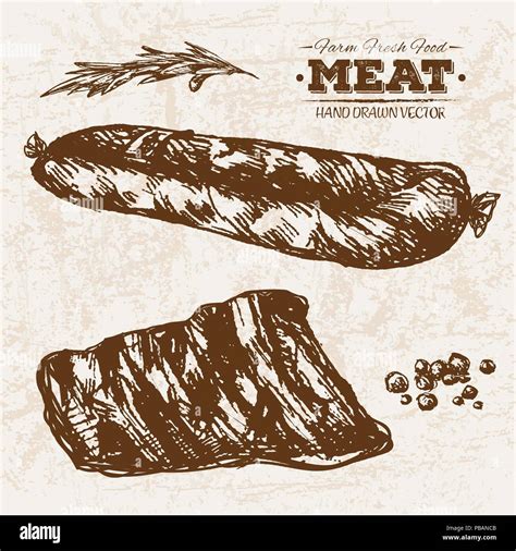 Hand Drawn Sketch Steak Meat Products Set With Sausages And Salami