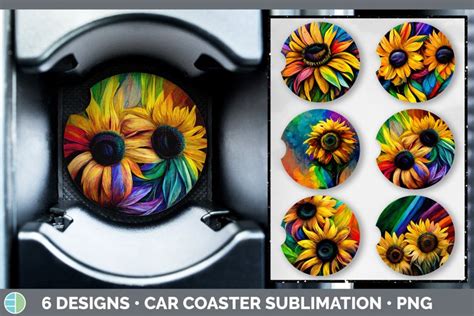 Rainbow Sunflower Car Coaster Sublimation Designs Bundle