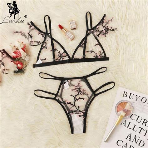 Leechee New Sexy Bra Floral Embroidery Sheer Mesh Lingerie Set Push Up