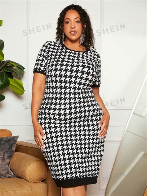 SHEIN CURVE+ Plus Houndstooth Print Contrast Trim Dress | SHEIN USA