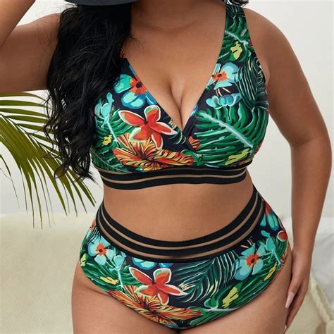 Plus Size Swimsuit Leaves Printed High Waist Two Pieces Bikini Set Swimsuit Female Women