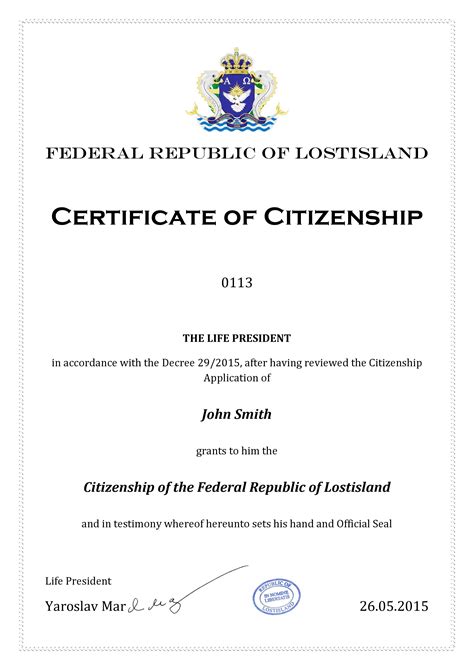 Certificate of Citizenship - Federal Republic of Lostisland