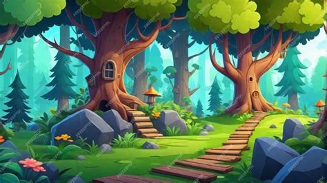 Game Platform Cartoon Forest Landscape 2d Design Premium Ai Generated