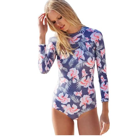 Print Floral One Piece Swimsuit Long Sleeve Swimwear Women Bathing