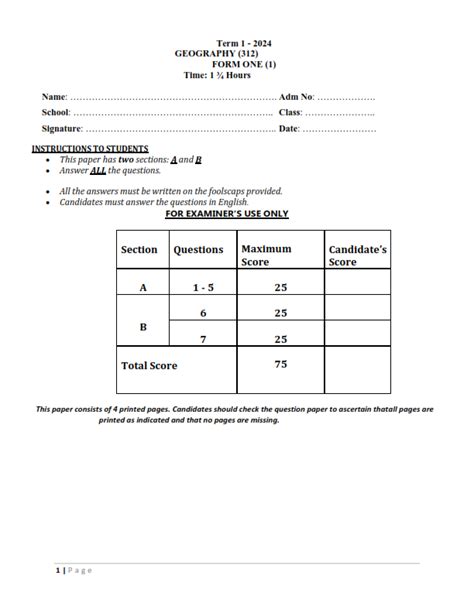 2024 Form 1 Geography End Of Term 1 Exam With Marking Schemes Elimu Cloud Notes Exams