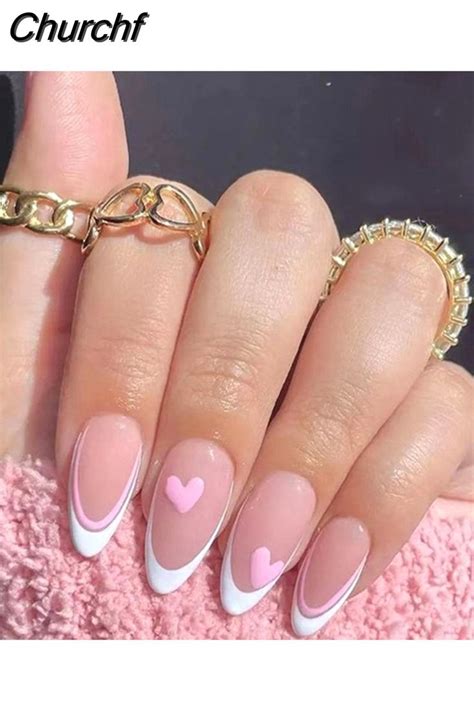 Churchf Detachable Heart False Nails Almond Oval Wearable Fake Nails