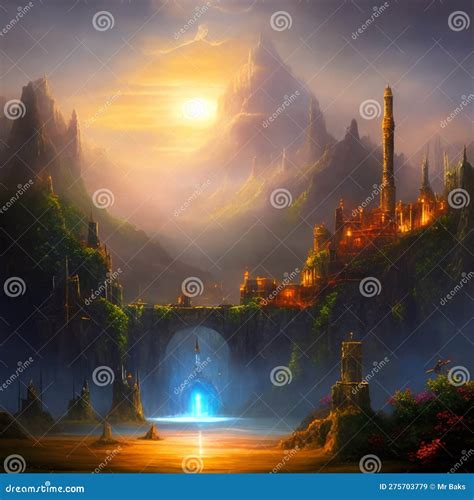 Mystical fantasy landscape stock illustration. Illustration of ancient ...