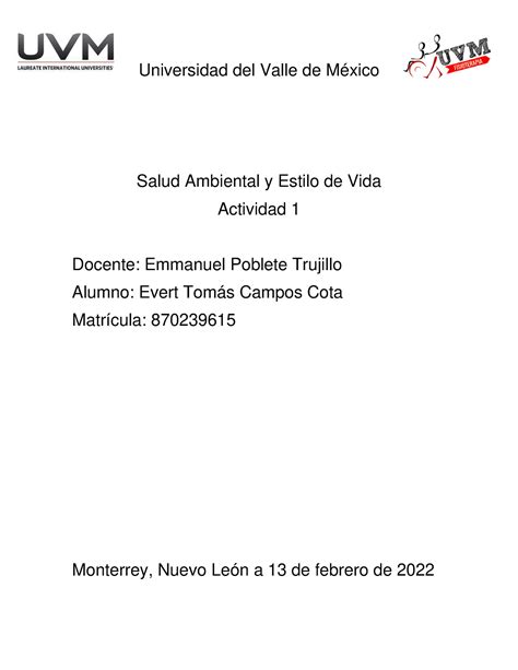 A1etcc Actividad 1 Universidad Del Valle De México Salud Ambiental Y Estilo De Vida