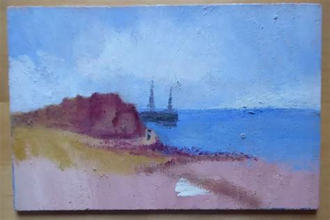 Petit Peinture Huile Sur Table Vieux Tableau Vue Mer Marine Vintage