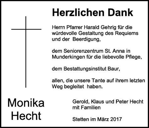 Traueranzeigen Von Monika Hecht Schwaebische De Trauerportal