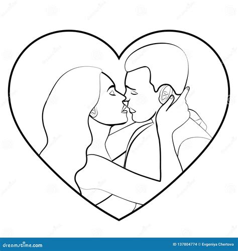 Couple In Love Contour Silhouette Linear Black And White Outline