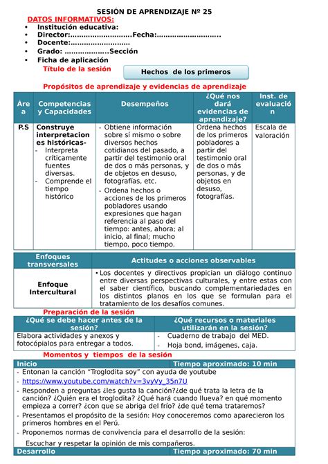 Sesiones DE Personal Social Historia SESIÓN DE APRENDIZAJE Nº