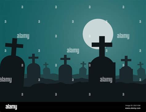 Ilustración de un cementerio nocturno con lápidas y cielo verde La