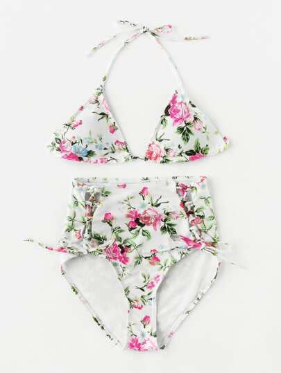 Calico Print Lace Up High Waist Bikini Set Shein Sheinside