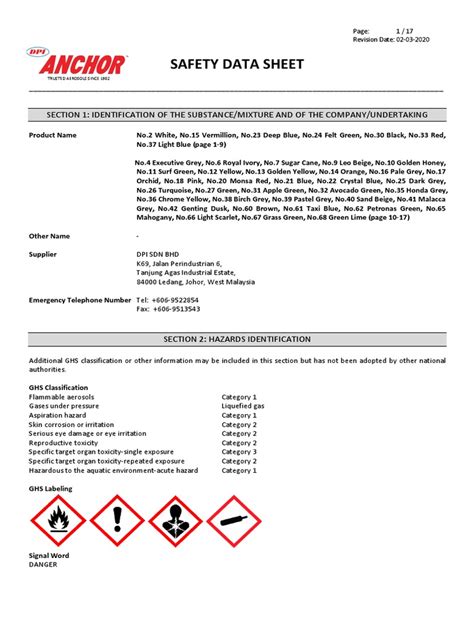 Sds Anchor Spray Paint Pdf Toxicity Personal Protective Equipment