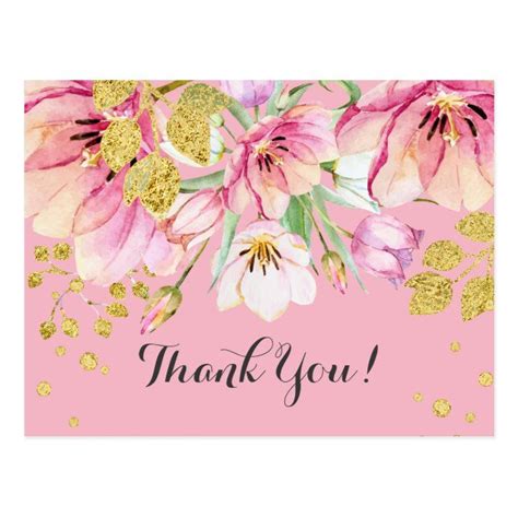 Pink And Gold Floral Thank You Card