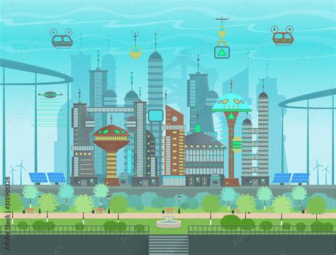 Futuristic Eco City In Flat Cartoon Style Panorama Of A Modern City