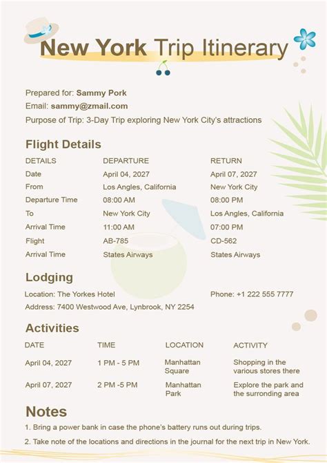 Vacation Itinerary Template