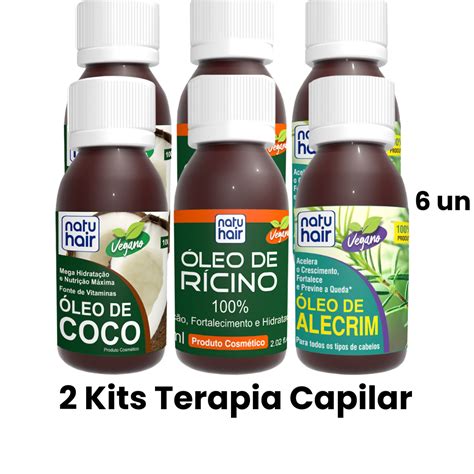 Óleo De Cabelo Barato - 2 Kits Terapia Capilar Óleo de Coco + Rícino + Alecrim Natuhair 60ml ...