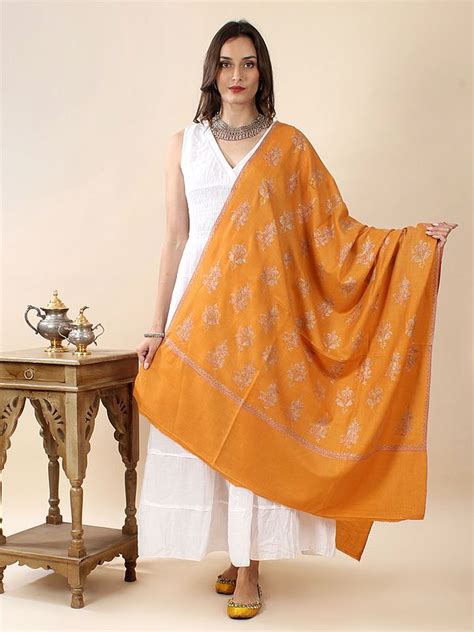 Radian Yellow Pure Pashmina Silk Thread Hand Embroidered Sozni Shawl