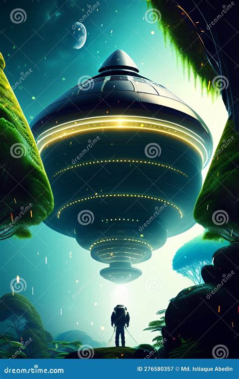 Sci Fi Alien Spaceship Ufo Is Landing In The Mysterious Jungle Time