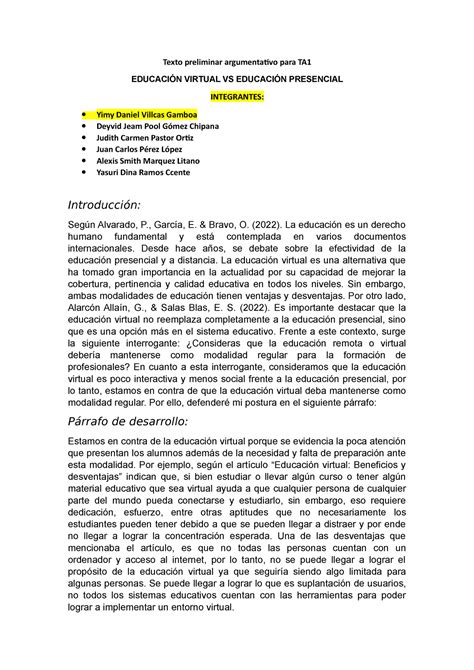 Texto Preliminar Argumentativo Para La TA2 Texto Preliminar