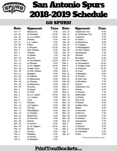 Printable Spurs Schedule