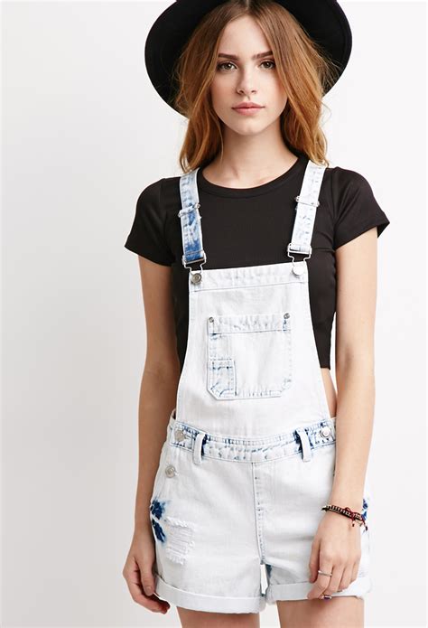 Lyst Forever 21 Distressed Denim Overalls In Blue