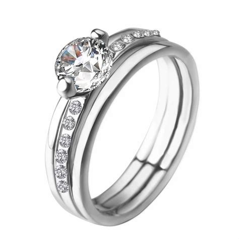 Fashion Women Rhodium Plated Engagement Ring Set Twins Wedding CZ Rings