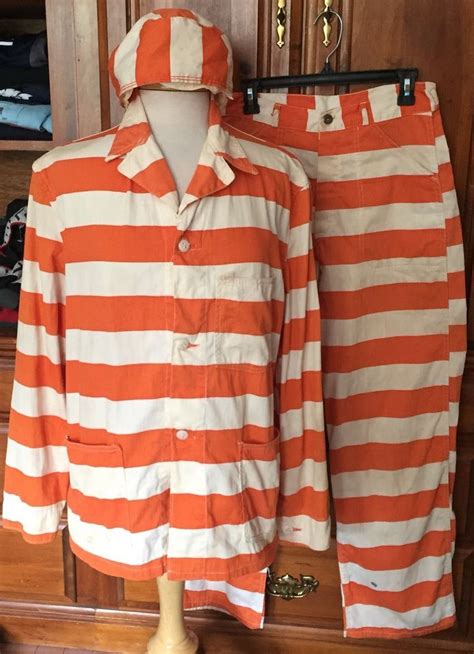 Vintage Orange White Striped Prison Uniform Mens Prisoner Jail Convict