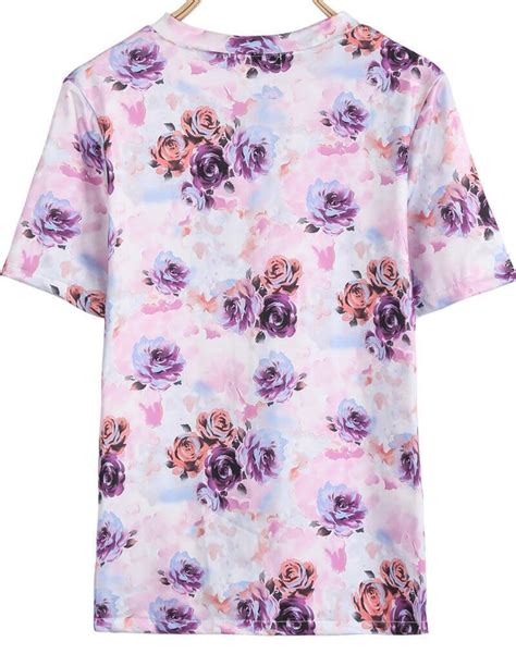 Purple Short Sleeve Rose Print T Shirt Sheinsheinside