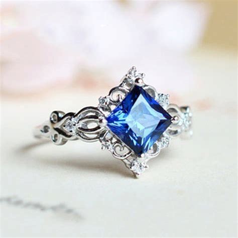 Opolski Vintage Women Hollow Flower Princess Cut Faux Sapphire Inlaid