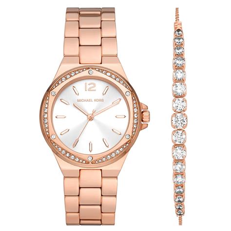 Michael Kors Lennox Three Hand Rose Gold Tone Stainless Steel Watch And