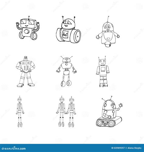 Robot Doodles Set Stock Vector Illustration Of Futuristic 83989597