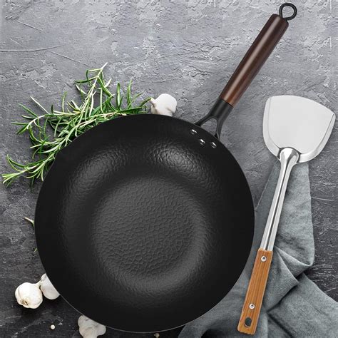 Cookeriess Wok De Acero Al Carbono Martillado A Mano Tapa De Madera