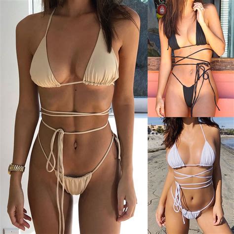 Bikini Bandage Halter Two Piece Drawstring Bra Low Cut Thong Bathing