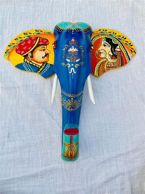 Wooden Hand Painted And Handcrafted Elephant Head With King And Queen