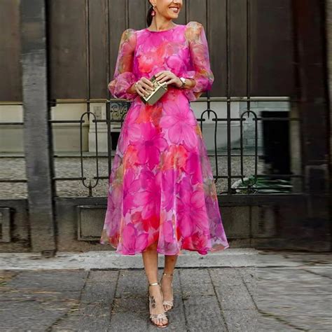 womens long sleeve floral midi dress  sheer puff sleeves