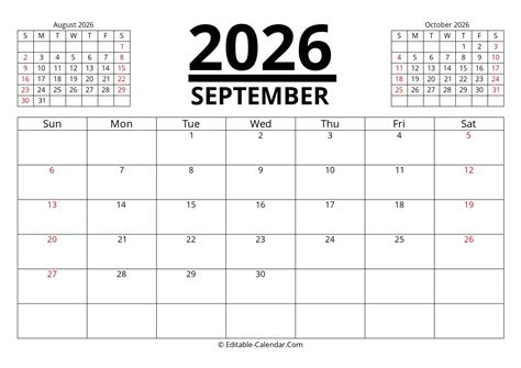 Download September 2026 Printable Calendar With Previous And Next Month ...