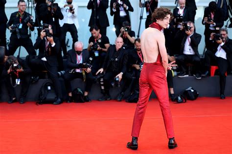 Timothée Chalamet Wear Backless Red Halter Top to Venice Film Festival