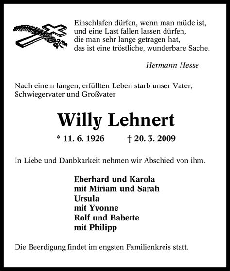 Traueranzeigen Von Willy Lehnert Trauer In Nrw De